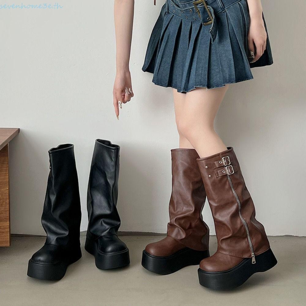 Sevenhome3e ผู้หญิงเข่าสูง Booties, ออกแบบใหม่แพลตฟอร์มผู้หญิง Biker รองเท้า, อินเทรนด์ Casual Y2K Punk Gladiator ยาวท่อ Booties สาว