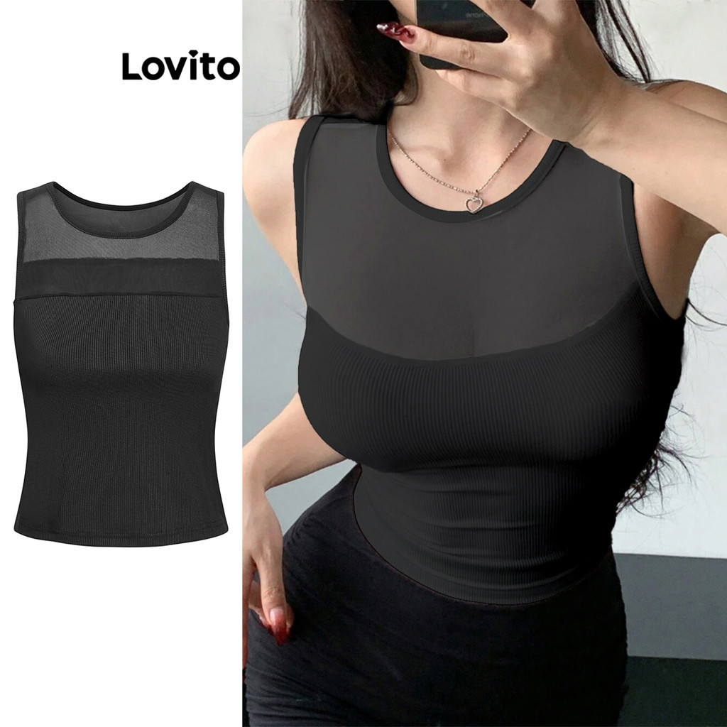 Lovito เสื้อกล้ามตาข่ายคอนทราสต์แบบสบาย ๆ สำหรับผู้หญิง L95ED387