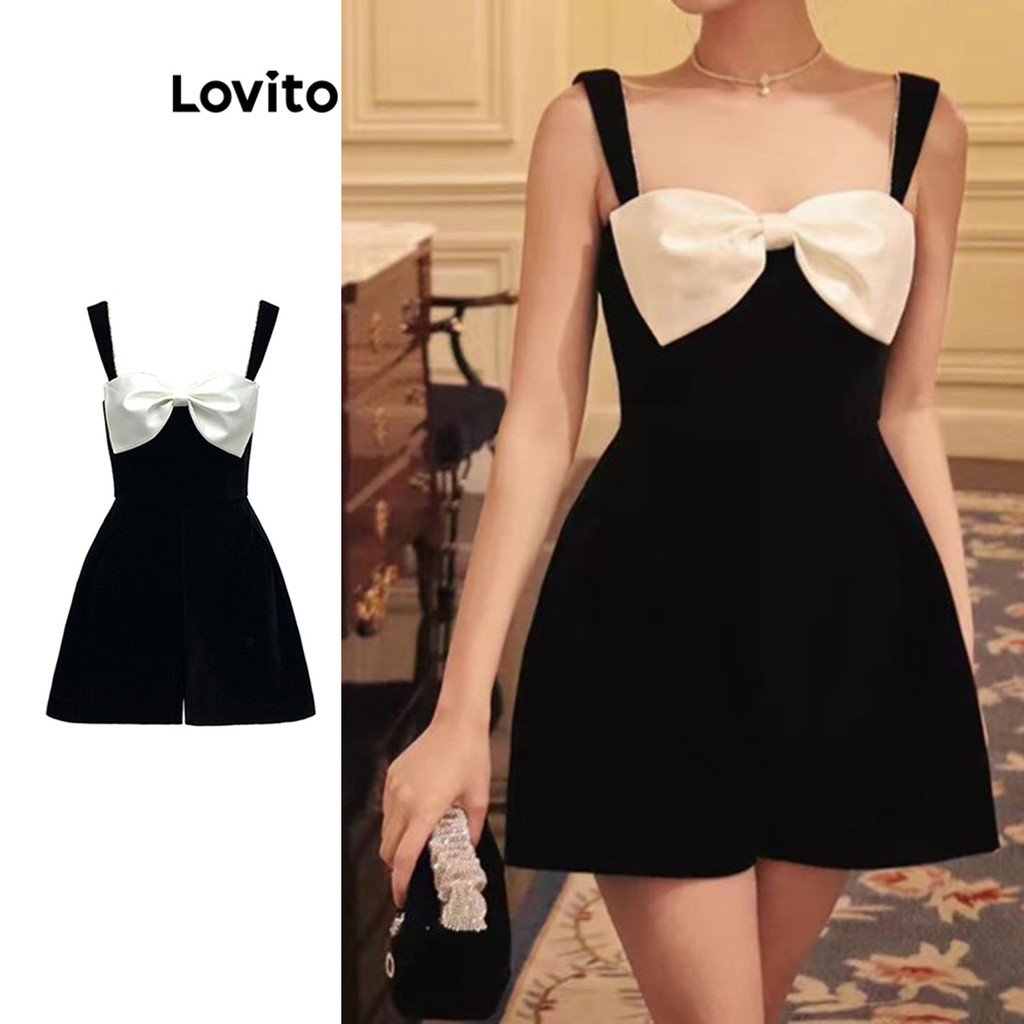 Lovito จั๊มสูทผู้หญิง แพทช์เวิร์ก แต่งโบว์หน้า คัลเลอร์บล็อก สไตล์หรูหรา LNE70294
