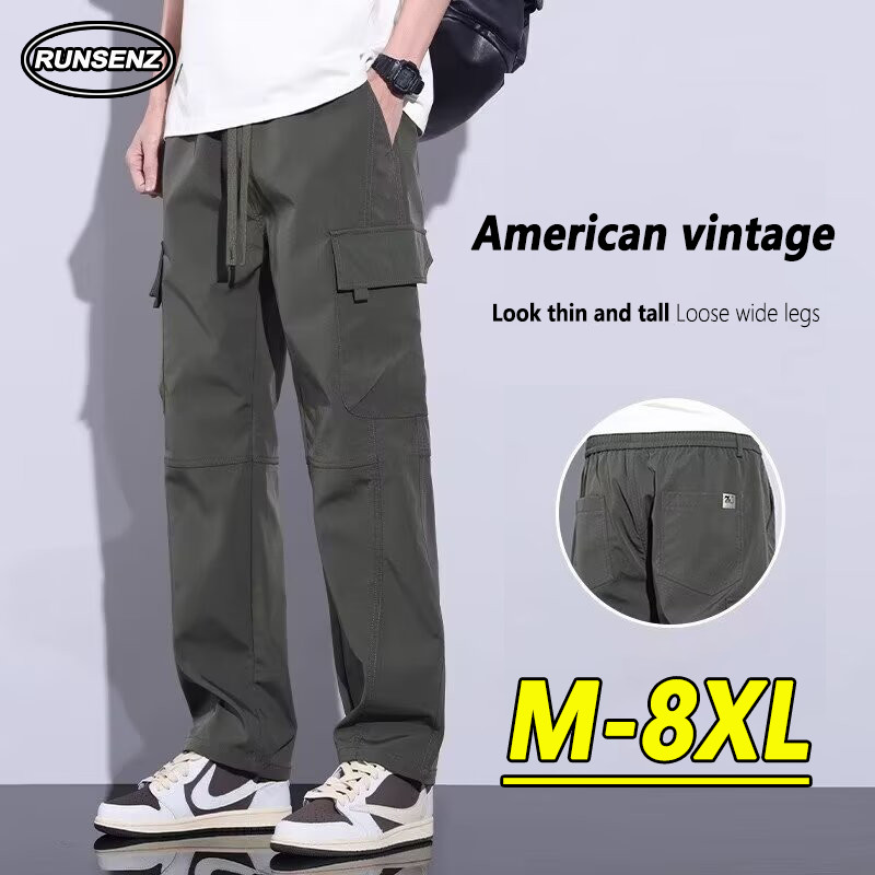 M-8xl American Simple Cargo Pants Men Plus Size Pants Casual Loose Wide Leg Long Pants