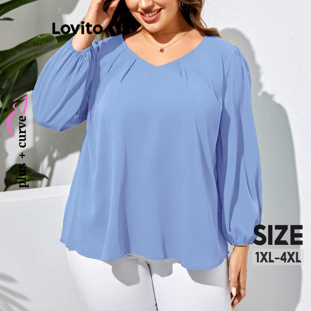 Lovito เสื้อเบลาส์สาวอวบ มีจีบ สีพื้น สไตล์ลำลอง LNL68101