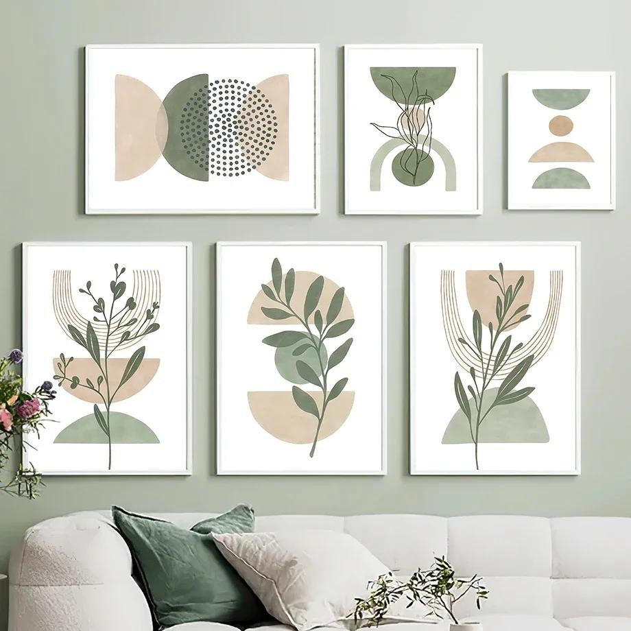 (พร้อมกรอบ) บทคัดย่อ Boho สีเขียวใบเรขาคณิตผ้าใบ Wall Art Nordic โปสเตอร์สําหรับตกแต่งห้องนั่งเล่น