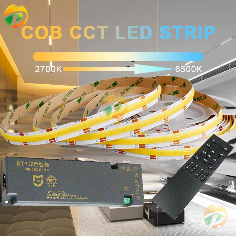 Cob รีโมทคอนโทรล LED Strip พร้อมไฟ LED สามสี /m ความหนาแน่นสูงปรับแสงได้ FOB LED Strip พร้อม2700K ถึง6500K VARIABLE Lighting DC 24V