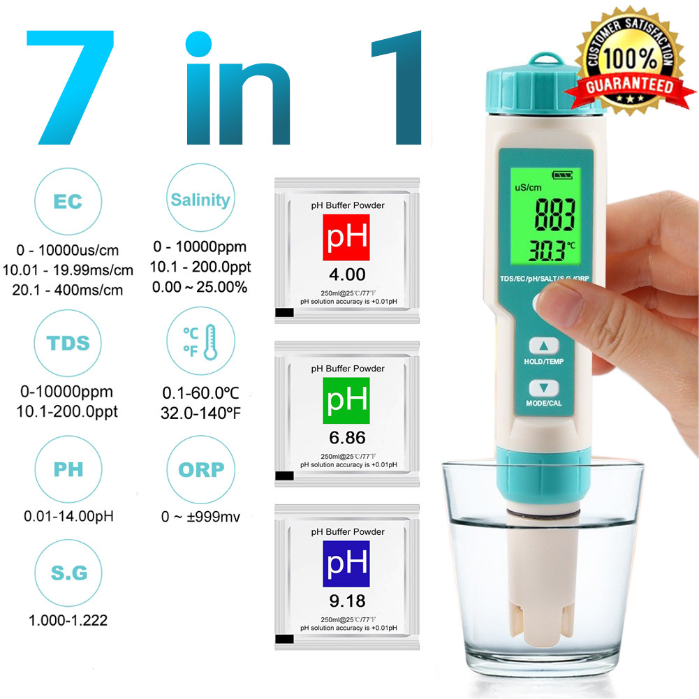 ครื่องวัดคุณภาพน้ำ 7in1 EC TDS PH SALT TEMP ORP meter เครื่องวัดphในน้ํา วัดความเค็ม วัดเกลือเจือจาง วัดความเค็มน้ำประปา
