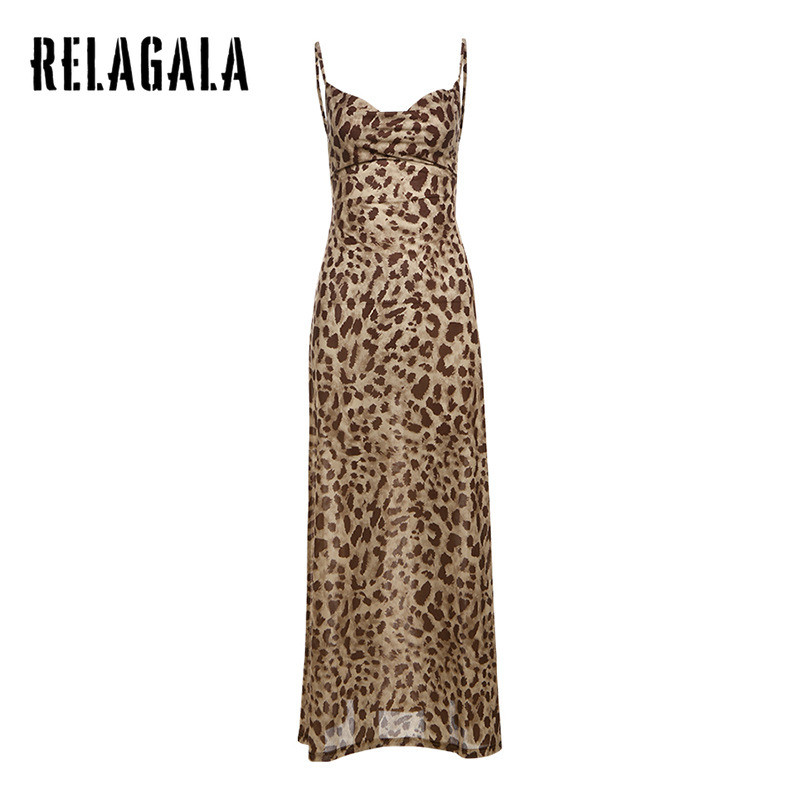 RELAGALA ชุดเดรสคล้องคอพิมพ์ลายเสือดาวคอวีเซ็กซี่ของผู้หญิง