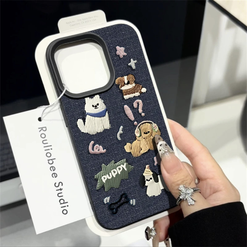 เคสโทรศัพท์สำหรับ iPhone x XS XR xsmax 11 12 13 14 15 Pro Max PLUS ผ้ายีนส์เลียนแบบถักลายลูกสุนัขเปลือกซิลิโคนนิ่มหุ้มทั้งเครื่องกันกระแทกเคสโทรศัพท์ HDBE
