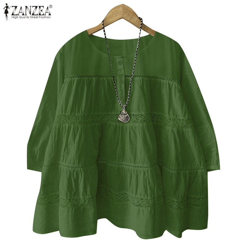 Zanzea ผู้หญิงเกาหลีลําลองคอกลม 3/4 แขนปุ่มลูกไม้ A-line เสื้อเบลาส์ทุกวัน