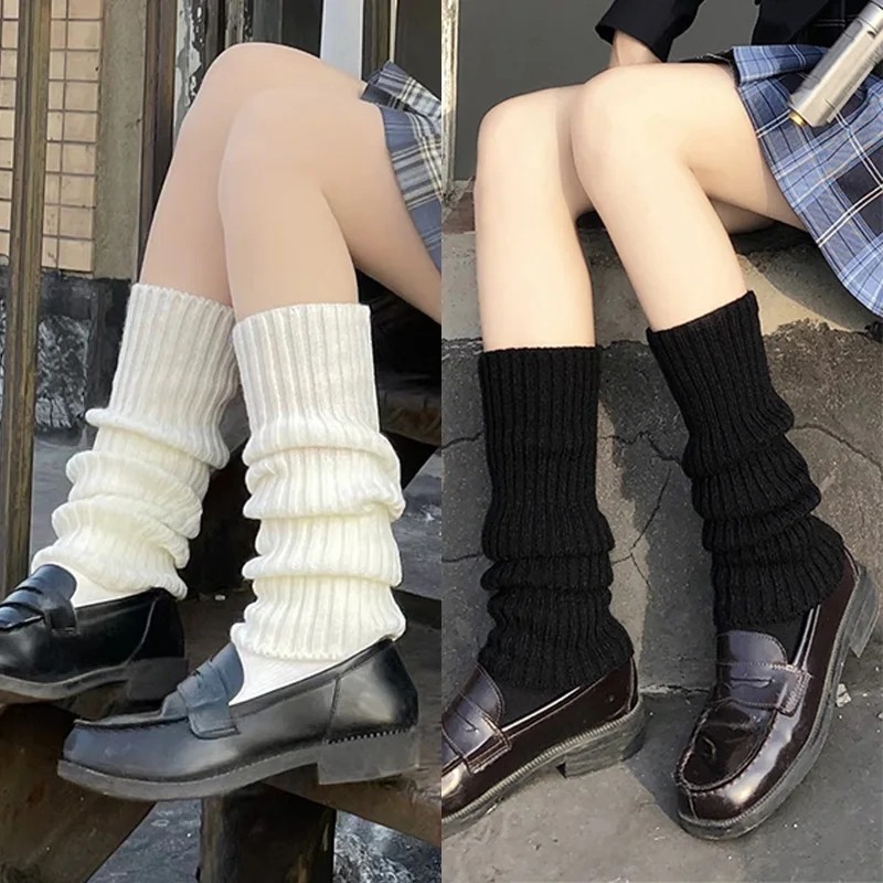 Lolita ขาอุ่น 42 ซม.ถุงเท้าหญิงถักอุ่นเท้าสีขาวสีดําอุ่น Lady ฤดูใบไม้ร่วงฤดูหนาวโครเชต์ถุงเท้า Boot Cuffs