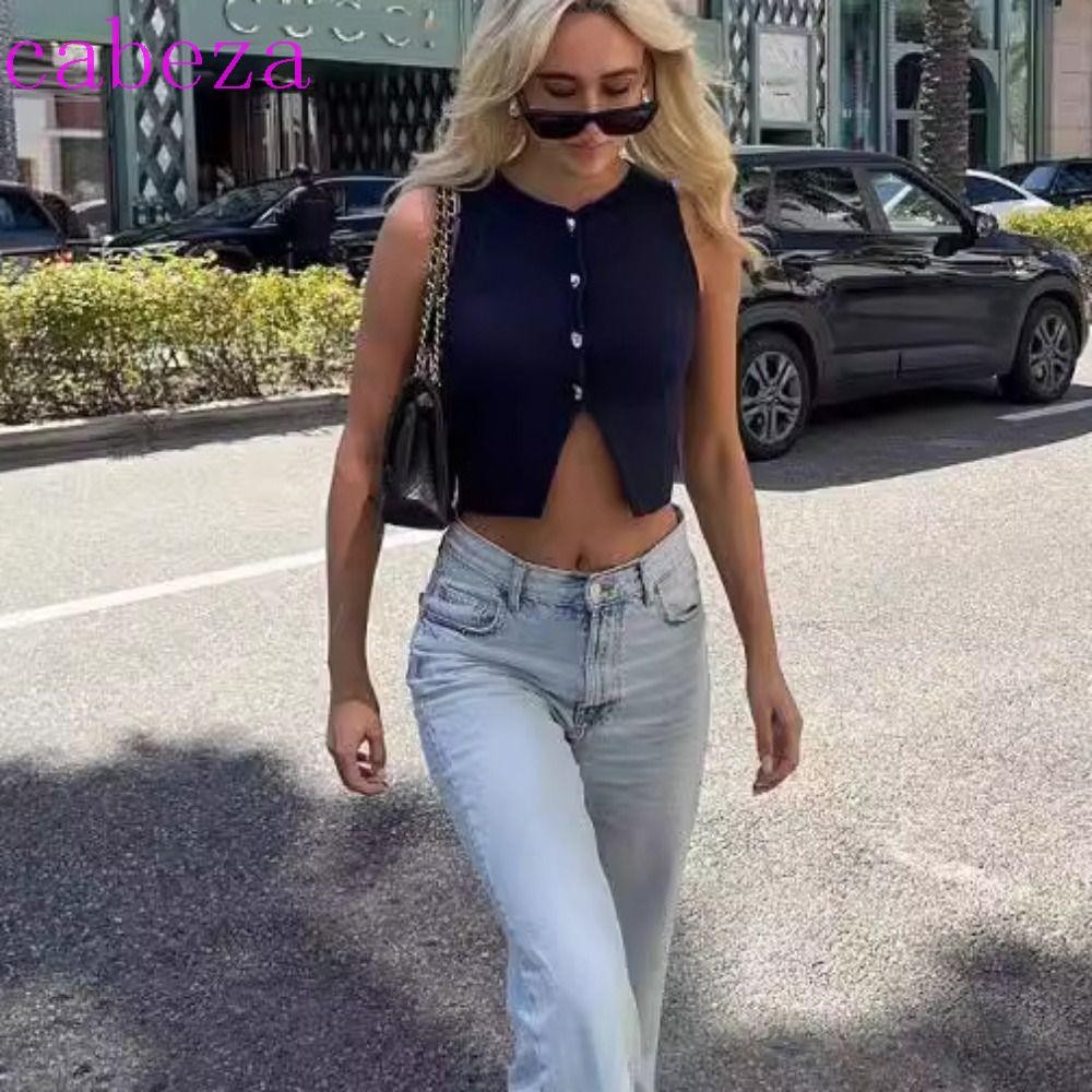 Cabeza เสื้อกั๊กถักด้านบน,เสื้อสวมหัวเดี่ยวแขนกุดเสื้อกันหนาว,แฟชั่นสไตล์เกาหลีสีทึบสุภาพสตรีคาร์ดิแกนเสื้อถักผู้หญิงฤดูร้อน/ฤดูใบไม้ร่วง
