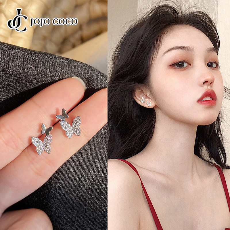 Jojo COCO แฟชั่นน่ารัก Rhinestone สีเงินผีเสื้อสตั๊ดต่างหูผู้หญิงของขวัญต่างหู