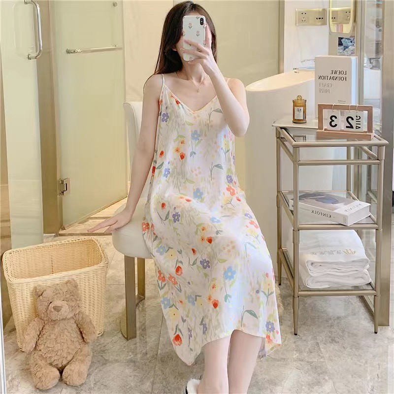 Sling Long Nightdress Cotton Silk Sweet Dress ชุดนอน Loungewear/Size: One Size 40-70KG