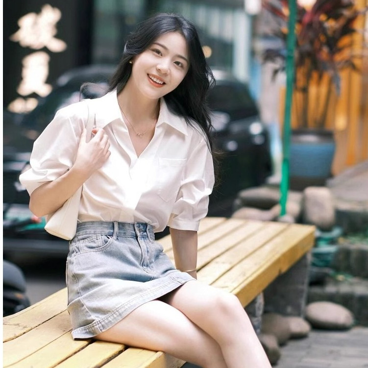 เสื้อเชิ้ตผ้าไหมอิตาลี สีขาว PKB203 ดีไซน์เรียบแต่หรูคอปกวี ☘ฟรีไซส์ อก42☘ แขนพองสามส่วน มีกระเป๋าหน