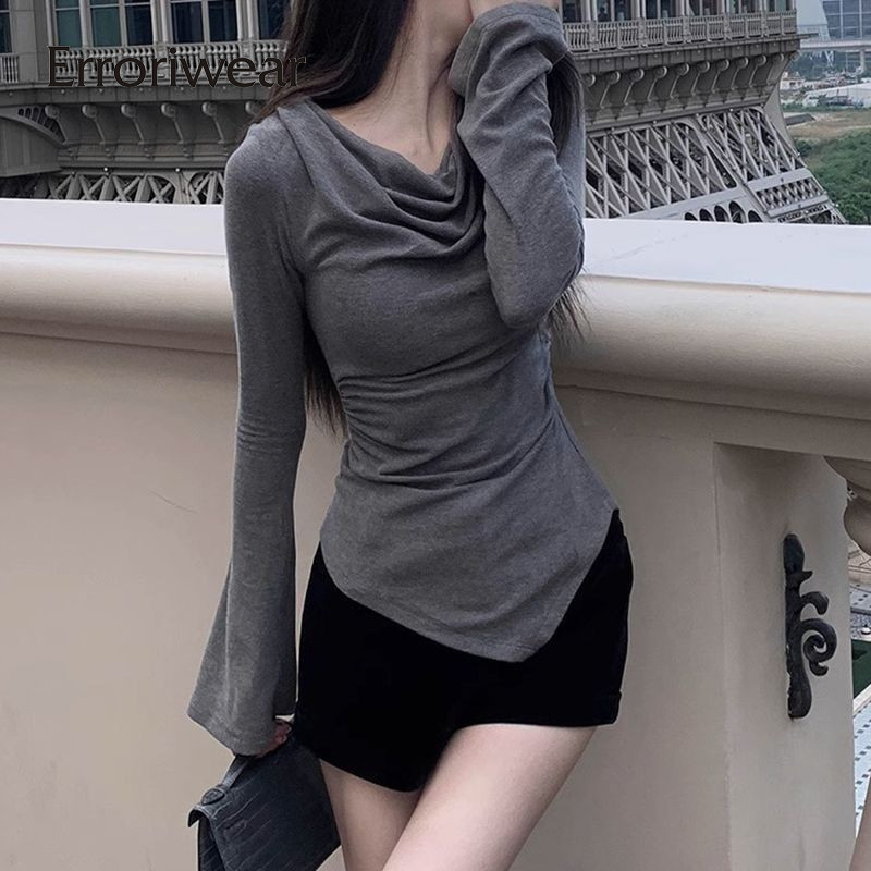 ข้อผิดพลาด เสื้อยืดผู้หญิง 2024 สีทึบปิดไหล่แขนยาวสลิมฟิตลําลองท็อปส์หรูหรา