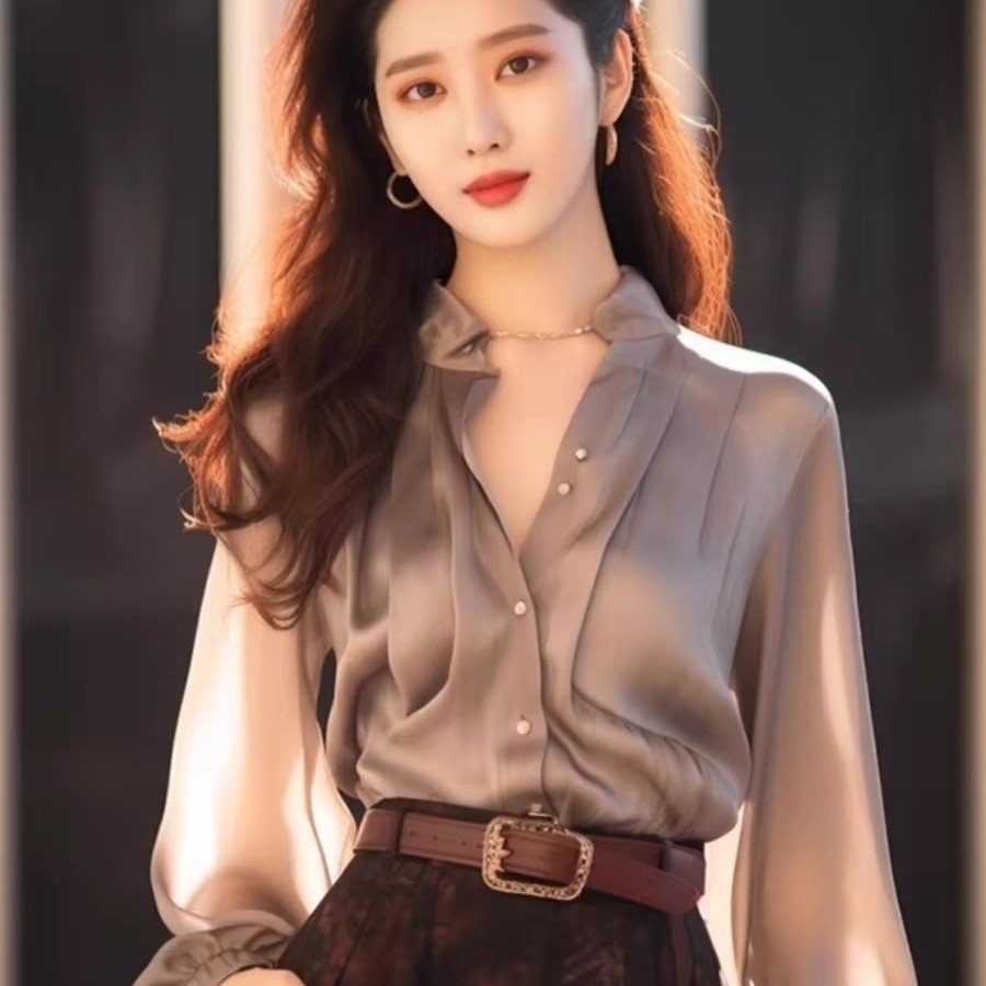 2024เสื้อเชิ้ตผ้าซาตินสีเทาอะซิเตทสไตล์ฝรั่งเศสเก๋สไตล์ตะวันตกแบบใหม่ต้นฤดูใบไม้ผลิ