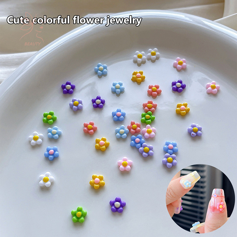 [maybeauty] 50 ชิ้นดอกไม้เล็กๆเล็บ Ch 3D เรซิ่น 5 กลีบ Rhinestones ตกแต่งเล็บ Kawaii อุปกรณ์เสริมเล็บ DIY {TH}