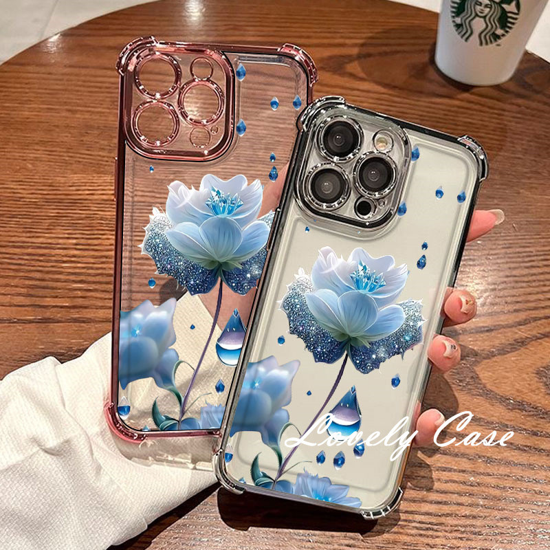 สําหรับoppo A78 A18 A38 A95 A53 A15 A16 A17 A58 A57 A79 A7 A3S A5 2020 Reno 5 6 7 8 11F 12F Proสีฟ้าหรูหราการ์ตูนดอกไม้เคสโทรศัพท์ขั้นสูงโปร่งใสAnti Dropปกหลังนุ่ม