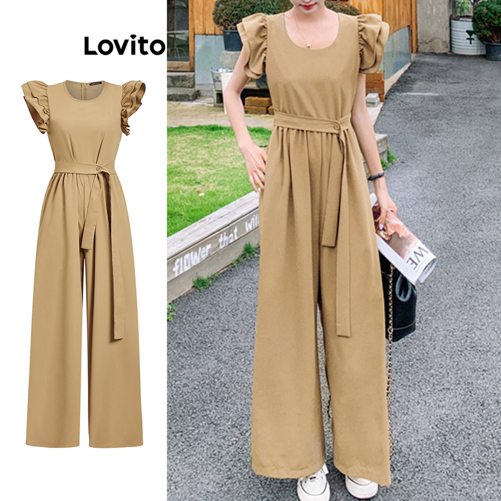 Lovito จั๊มสูทลำลองธรรมดาสองชั้นแบบเรียบๆลูกไม้ขึ้นสำหรับผู้หญิง L100MD098