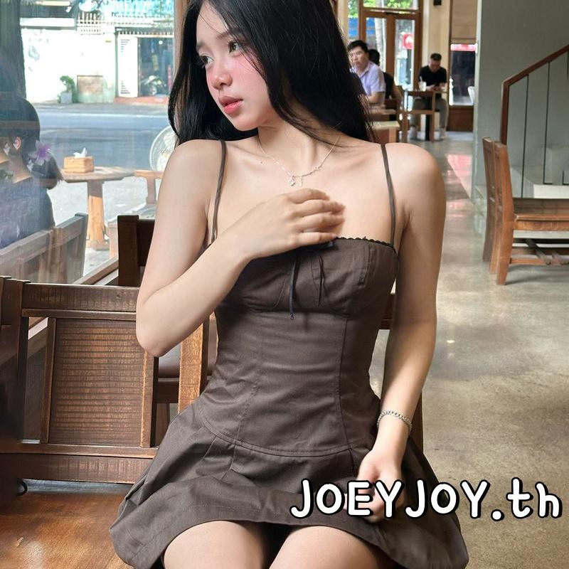 Joeyjoy-เดรสสลิปผู้หญิงฤดูร้อนสปาเก็ตตี้สายรัดเปลือยโบว์จีบมินิเดรสทรงเอ