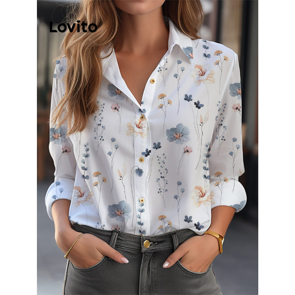 Lovito เสื้อเบลาส์ผู้หญิง ลายดอกไม้ สไตล์ลำลอง LNL54215