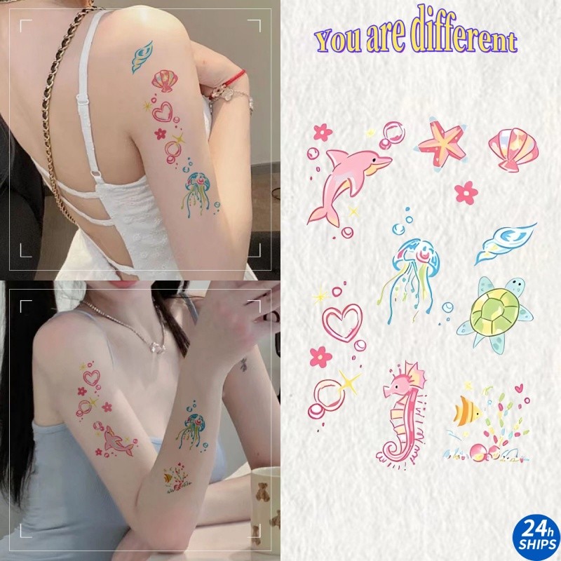 รอยสักลายปลาโลมาน้อยสีชมพูเซ็กซี่สาวแขนสักสติกเกอร์รอยสักกันน้ําติดทนนาน 7 วันสติกเกอร์ผิวรอยสักปลอมชั่วคราว