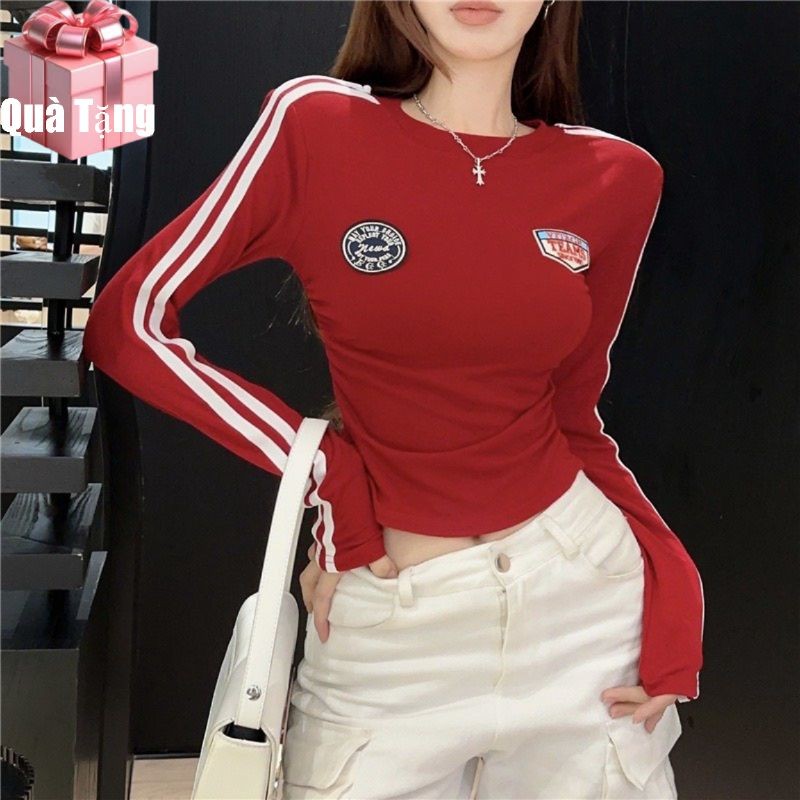 เสื้อยืดแขนยาวลายทางสปอร์ตผู้หญิง (ผ้าริบวูล) Free Size