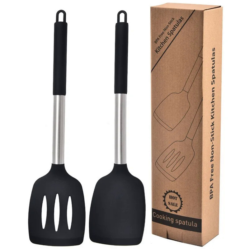 2 pieces silicone spatula kitchen cooking utensils stainless steel tight spatula leaky spatula non-s