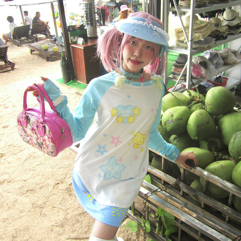 Titty Puppy น่ารักหญิง y2k2025 เสื้อยืดสไตล์ใหม่ Star หลวมแขนวรอบคอต้นฤใบไม้ร่วงอินเทรนด์ Slimmer  2