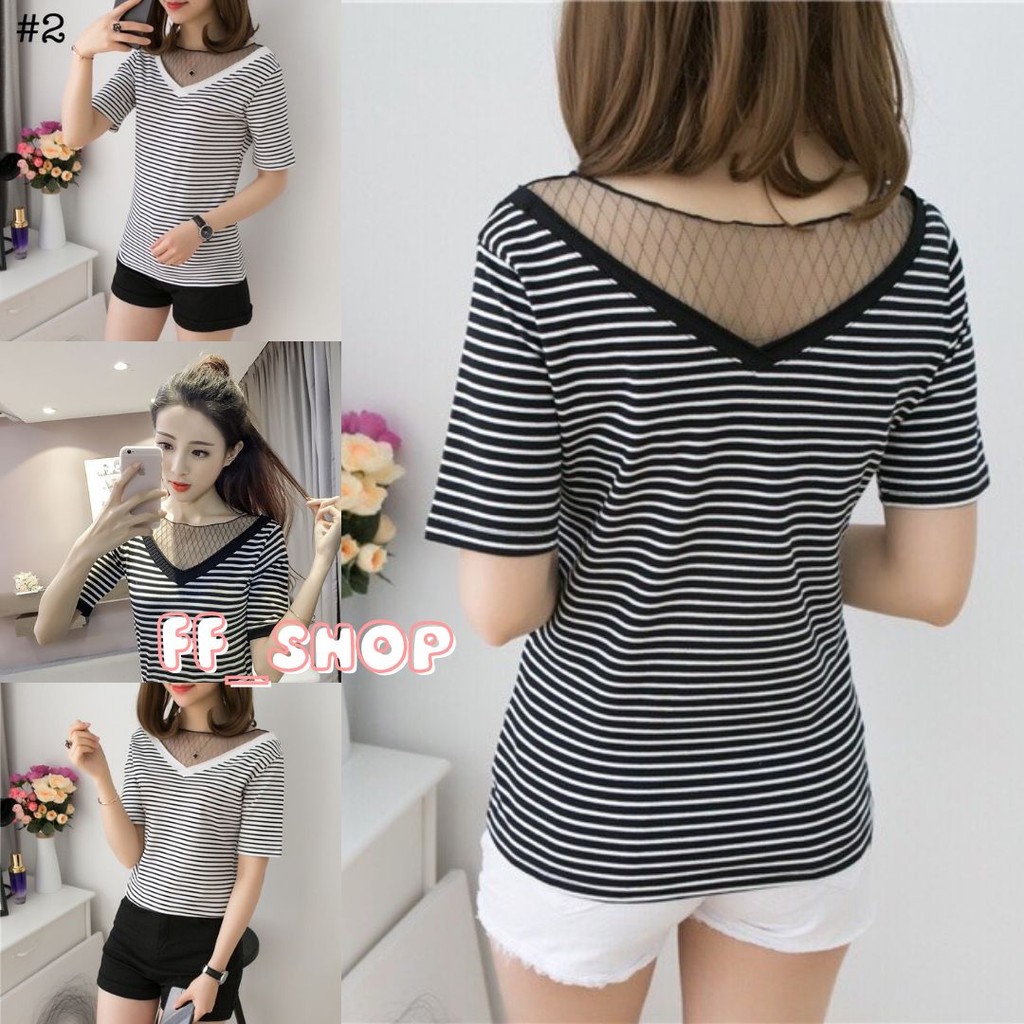 🛒FF.shop🛒 เสื้อแฟชั่นคอวี ดีเทลตาข่ายที่คอ ผ้านิ่ม ใส่สบาย #Z99