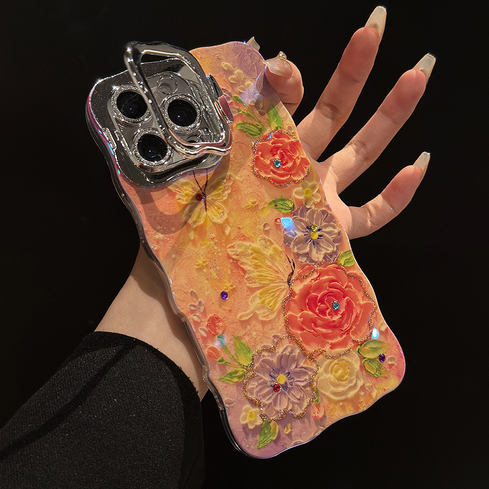 สําหรับ iPhone 16 Pro Max 15 14 Plus 13pro ภาพวาดสีน้ํามันดอกไม้รูปแบบผีเสื้อเคสโทรศัพท์พร้อมขายึดฟังก์ชั่นเลนส์แหวนสําหรับ iPhone 11 12 13 Pro Max ซิลิโคนนุ่มกันกระแทก