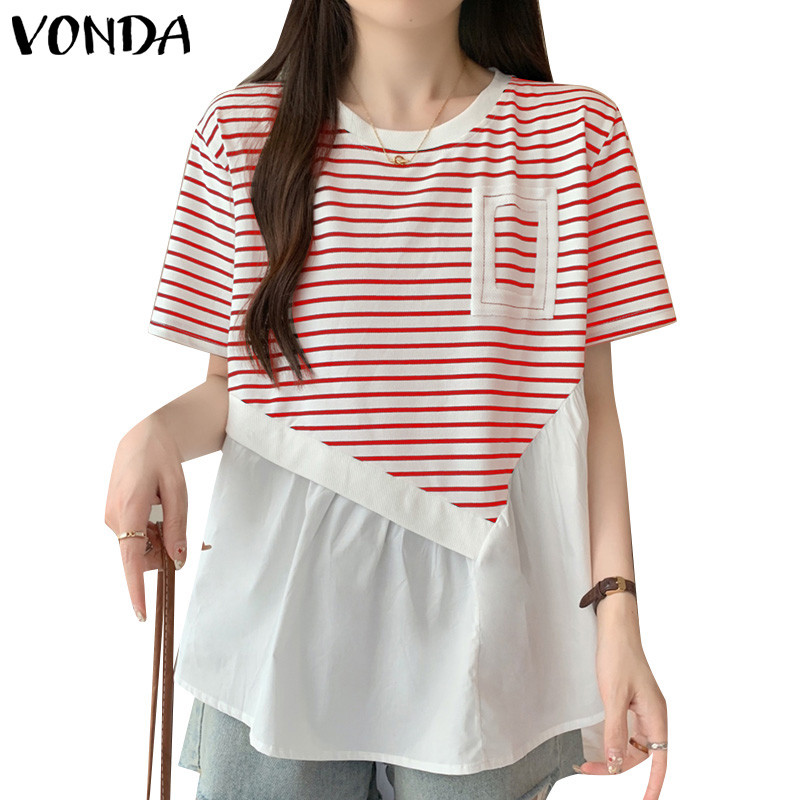 Vonda เสื้อเชิ้ตแขนสั้นคอกลมลายทางลําลองสําหรับฤดูร้อนสําหรับผู้หญิง