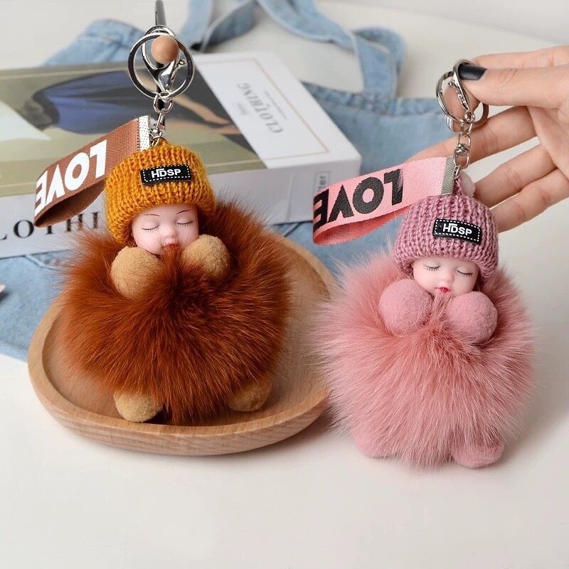 พวงกุญแจ น้องตาโต ปอมปอม Pompom Sleeping น่ารัก ขนนุ่ม ขนาด 14cm (คละสี) ใช้ห้อยกระเป๋า ห้อยกุญแจรถได้ น่ารักๆ สีสวย