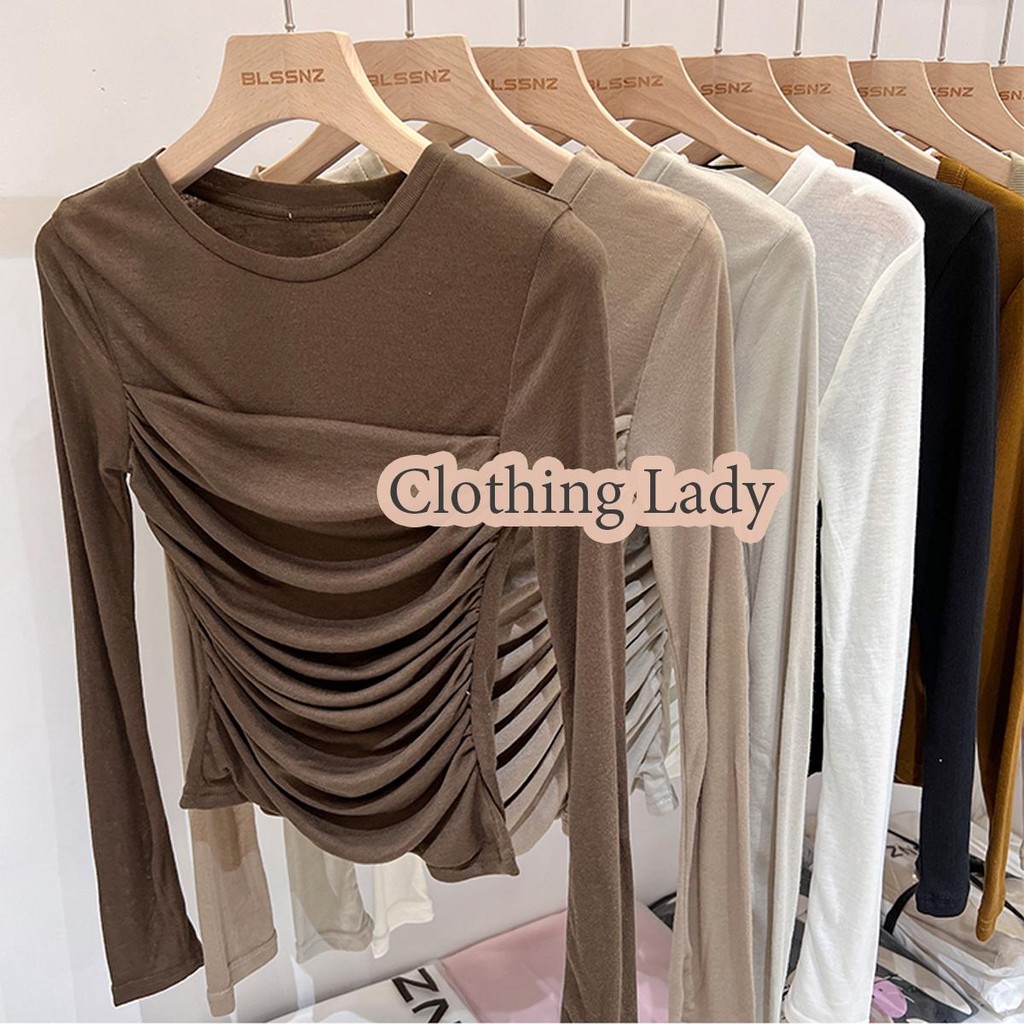 เสื้อยืดแขนยาว เสื้อยืดแขนยาวผ้ากอซผู้หญิงจีบทรงสลิมฟิตเสื้อบอททอมออกแบบความรู้สึกสั้นด้านบนผ้าตาข่าย#W458 Clothing Lady