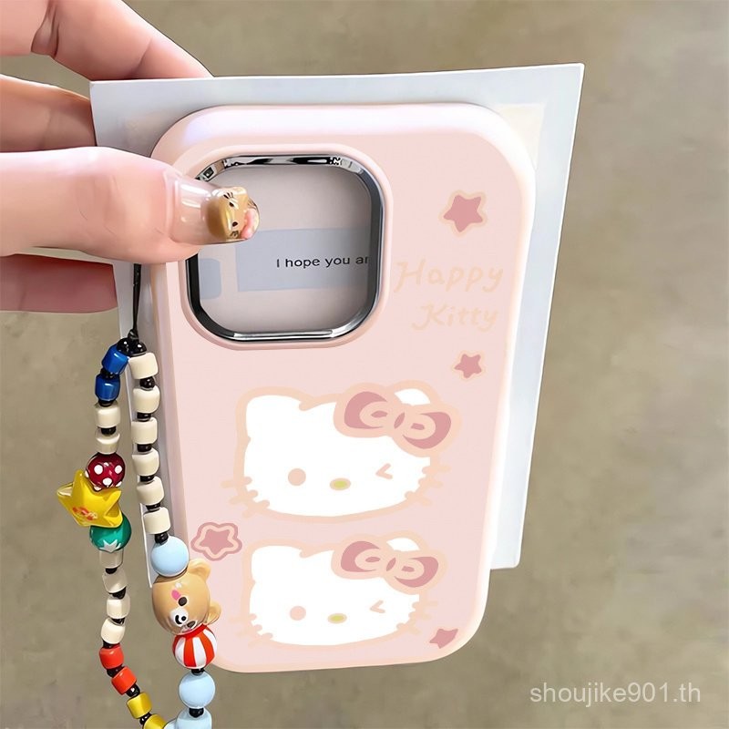 สีชมพู Hello Kitty ซิลิโคนสำหรับ Apple 15Promax/14Pro 13/12/11 /xr/xsmax เคสโทรศัพท์กรอบโลหะมีเอกลัก