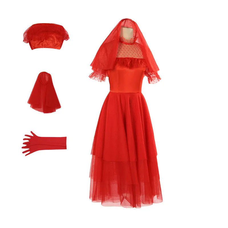 Lydia ชุดคอสเพลย์ผู้หญิง Beetle JUICE เจ้าสาวน่ากลัว Beetle ชุดงานแต่งงานสีแดงดนตรีคอสเพลย์ปาร์ตี้ฮา