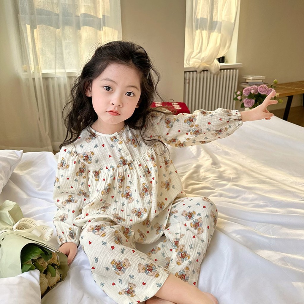 สาวแขนยาวชุดนอนชุดฤดูใบไม้ผลิฤดูใบไม้ร่วงแฟชั่นสไตล์ใหม่เวอร์ชั่นเกาหลีผ้าฝ้ายแท้นุ่มสบายระบายอากาศการ์ตูนหมีพิมพ์ ชุดลําลอง สอง-