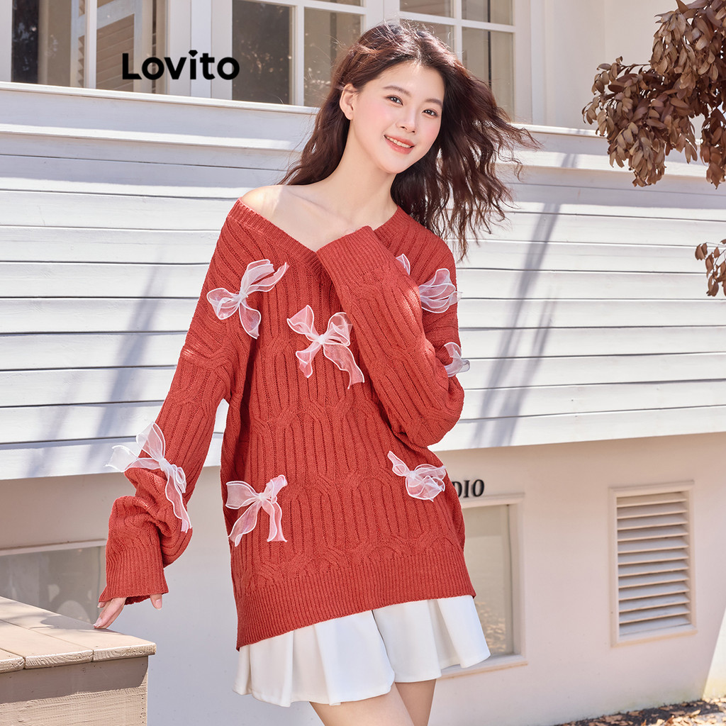 Lovito เสื้อกันหนาวโบว์ธรรมดาน่ารักสำหรับผู้หญิง L106AD447