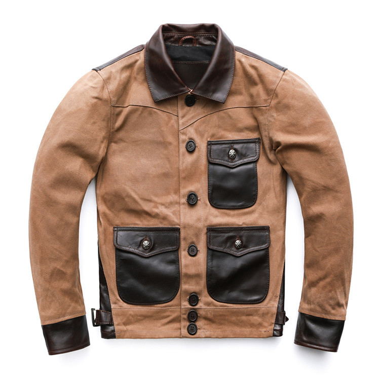 American Retro Canvas Jacket Stitching Oil Wax Cowhide Slim-fit Lapel Khaki Cargo Leather Jacket Mot