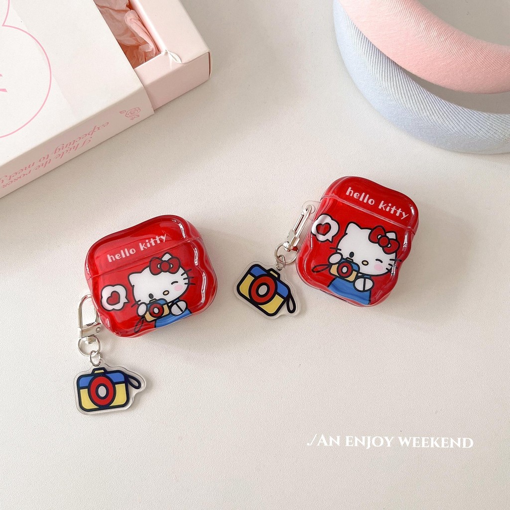 กล้อง KT Cat Hello Kitty Wavy Soft IMDซิลิโคนสําหรับAirPods Pro2 1 2 3 4 2024 ชุดหูฟังบลูทูธไร้สายAnti-Fallกรณีป้องกันปลอก
