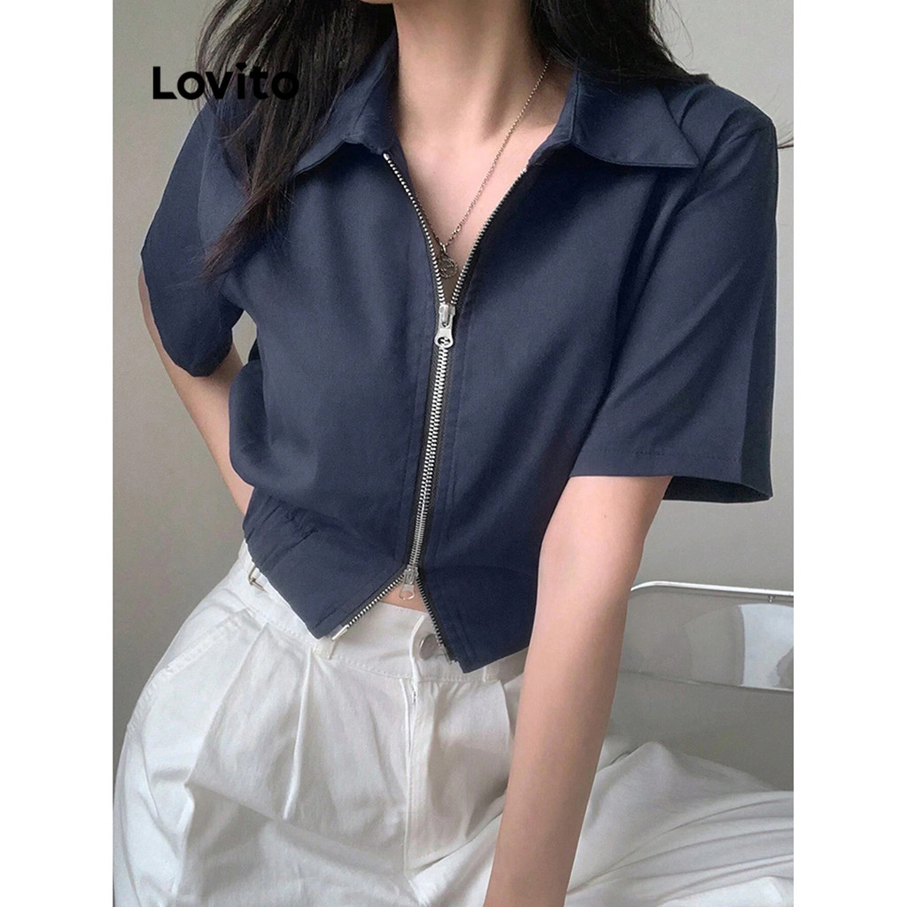 Lovito Preppy เสื้อเบลาส์ มีซิป สําหรับผู้หญิง L82AD009(หลากสี)