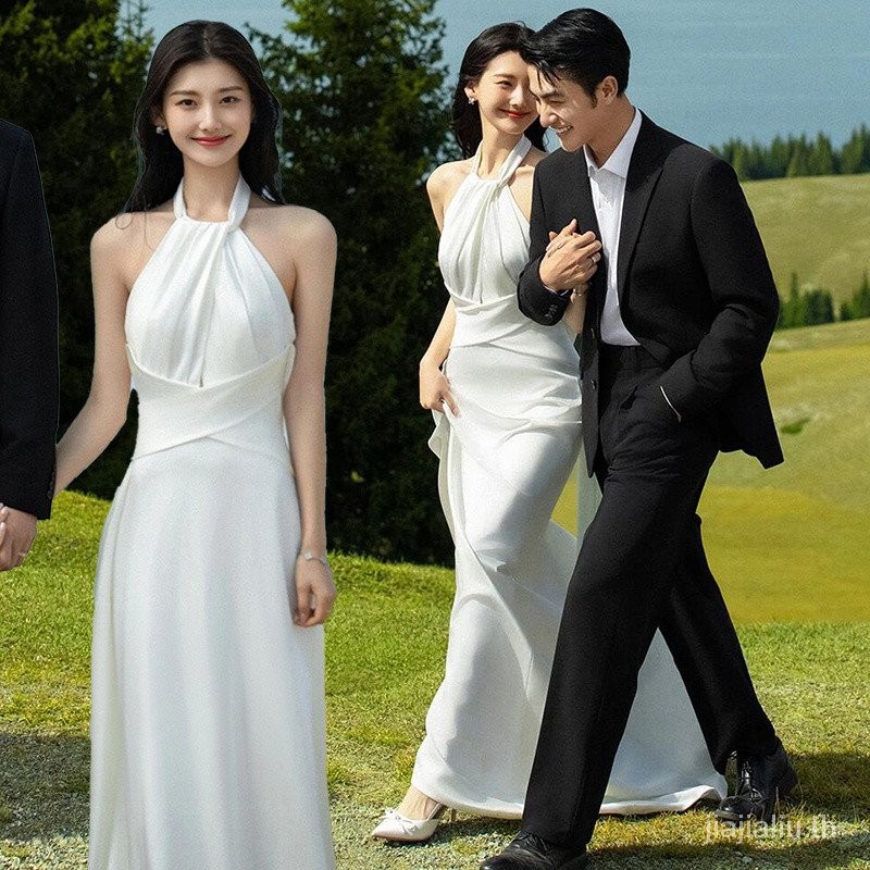 ชุดรูปแบบสตูดิโอถ่ายภาพใหม่การถ่ายภาพการเดินทางของคู่รักสไตล์โมริที่เรียบง่ายสนามหญ้าบางชุดแต่งงานสีขาวชุดหางปลา plsv