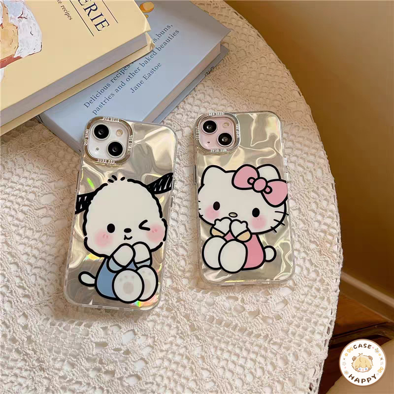 คู่รักแสนเรียบง่ายน่ารักเฮลโลคิตตี้โพชาโ ระลอกคลื่นควเคสIPhone 11 16 15 13 14 12 Pro Max 7 8 16 Plus X XR XS Max SE 2022