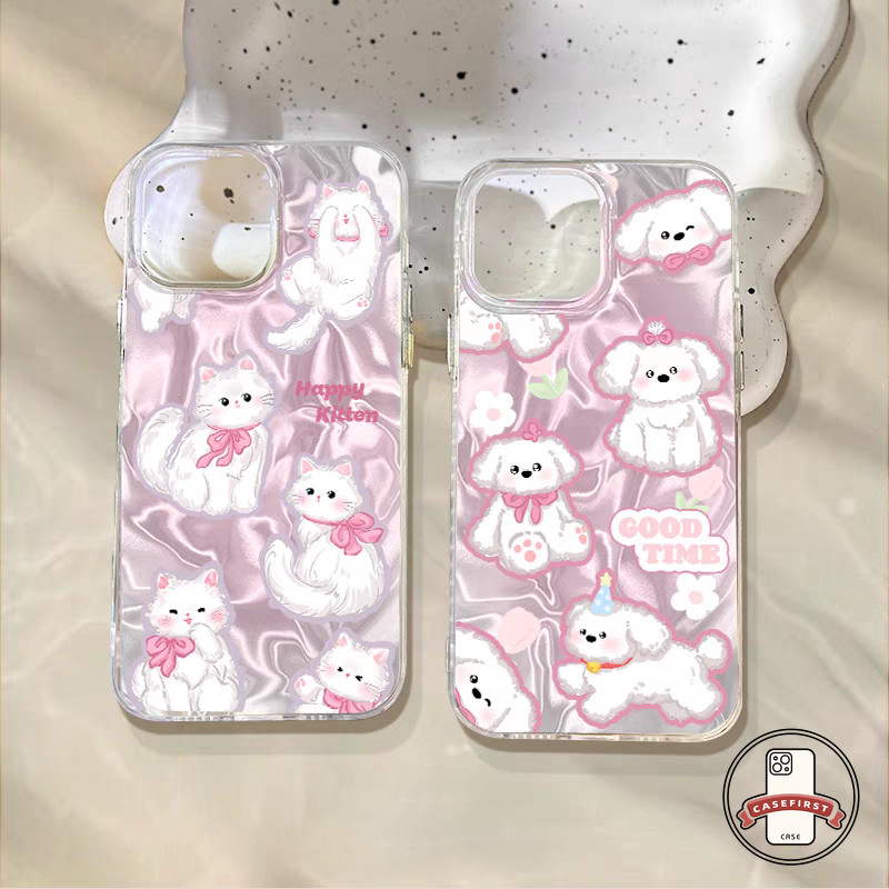 การ์ตูนน่ารักลูกแมวลูกสุนัขดอกไม้คู่นุ่ม เคส IPhone XR 11 16 15 13 14 12 Pro Max 7Plus X XS Max 15 16 14 6s Plus SE 2020