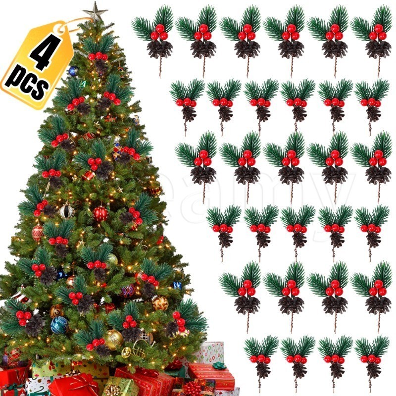 Pinecone ประดิษฐ์ Picks - สาขาปลอมคริสต์มาส - จําลอง Xmas Red Berry สาขา - เครื่องประดับต้นคริสต์มาส - อุปกรณ์พวงหรีด DIY - ตกแต่งบ้านปาร์ตี้คริสต์มาส - ปัจจุบันกล่องตกแต่ง