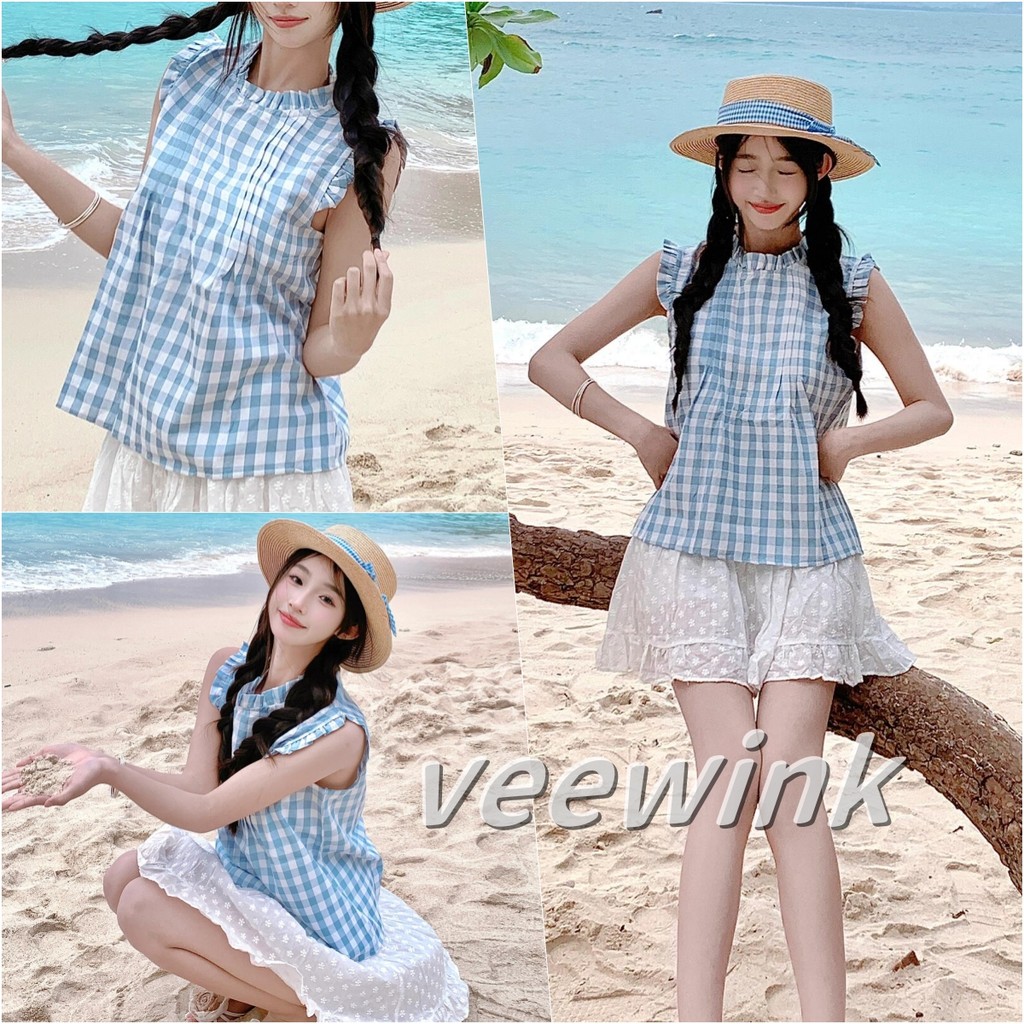 Veewink พร้อมส่งจากกทม เสื้อแขนกุดลายสก๊อตสไตล์เกาหลี สีฟ้าใส่แล้วอ่อนวัย เนื้อผ้าหลวมสบาย ใหม่ล่าสุด สีฟ้าใส่น่ารัก
