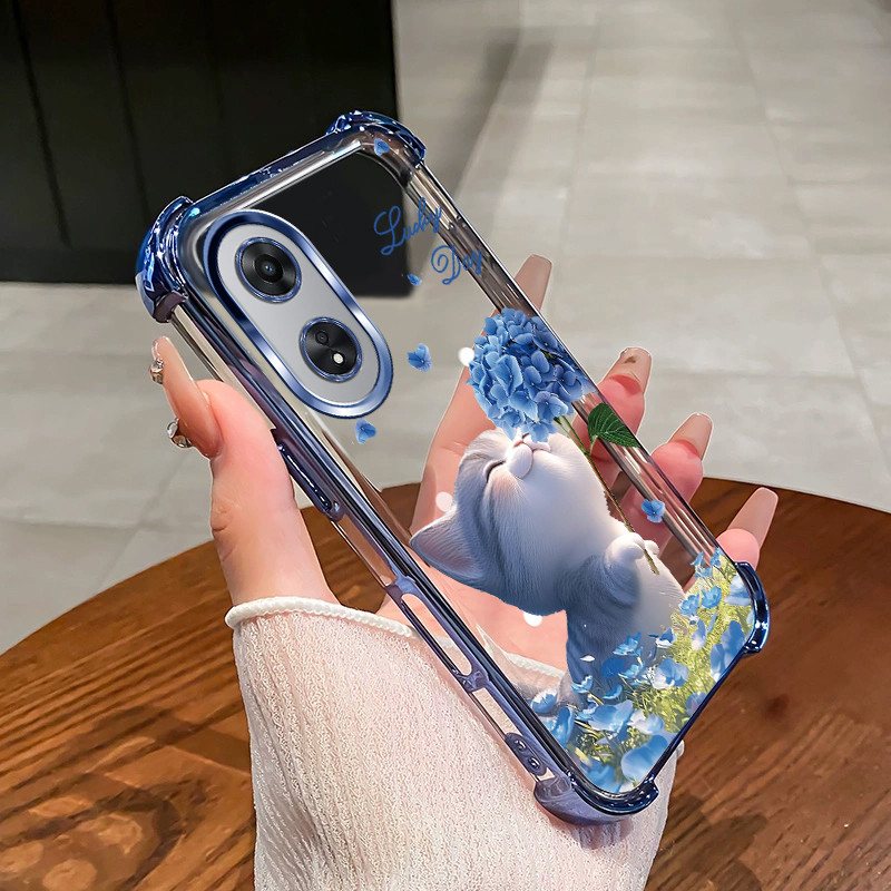 สําหรับ OPPO A58 A78 4G 5G A98 เคสโทรศัพท์ดอกไม้แมวสี่มุมซิลิโคน TPU โปร่งใสนุ่ม XH007