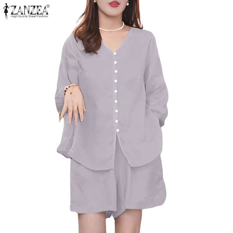 ZANZEA ชุดลำลองสไตล์เกาหลี คอV แขนบานพิเศษ ขากว้าง - รูปที่ 4