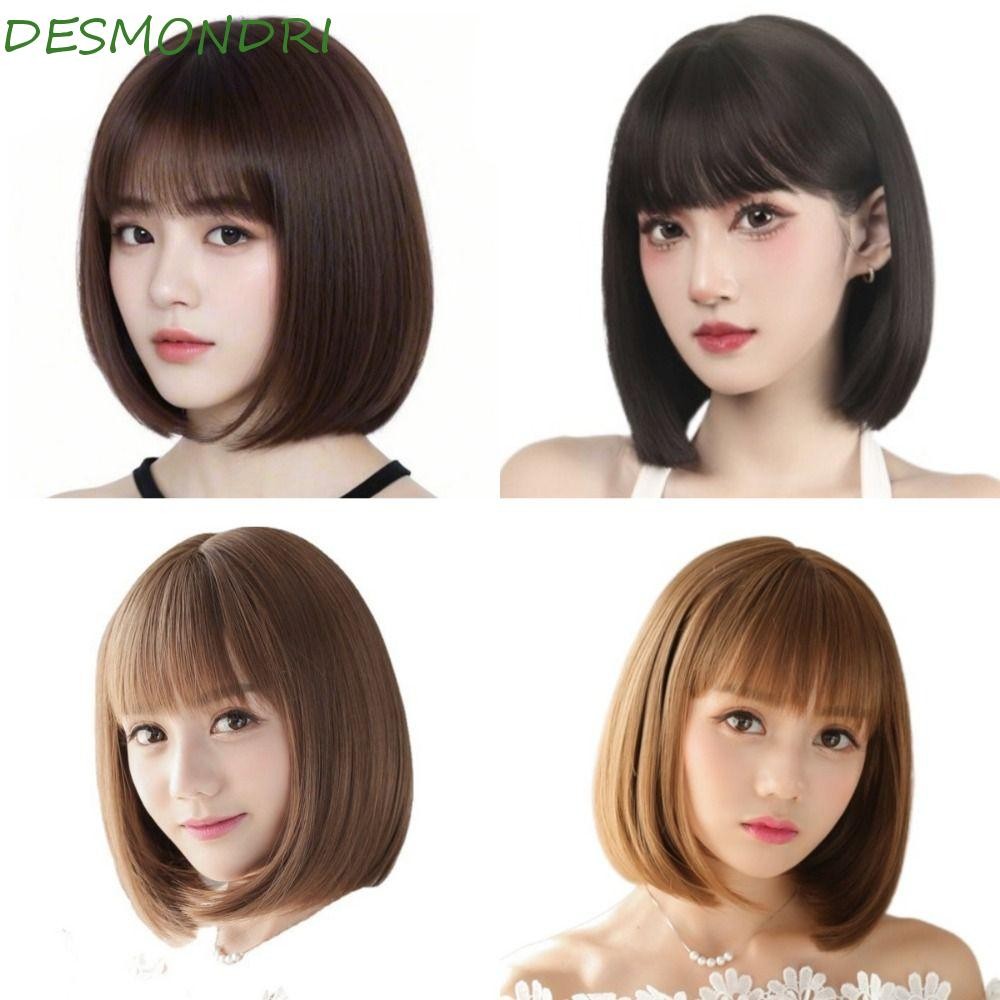 วิกผม Bob ทรงตรง กับ bangs สังเคราะห์ ผมสั้น สีดำ สีน้ำตาล สำหรับผู้หญิง ทนความร้อนได้ มีระบายอากาศดี Fashion False Wig
