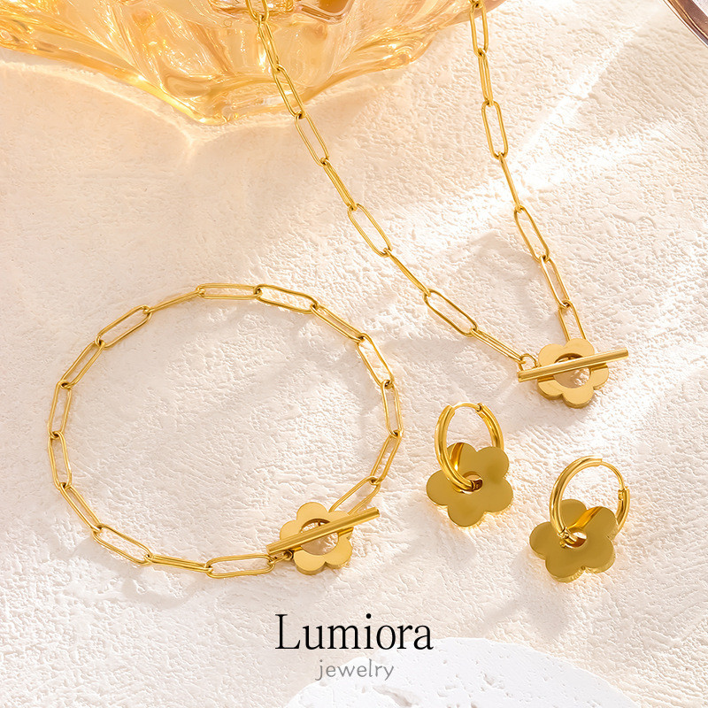 18เค ซาอุดี ทองเรขาคณิตดอกไม้ OT หัวเข็มขัดหนาสร้อยคอโซ่และต่างหูสร้อยข้อมือชุด 3 ชิ้นสําหรับผู้หญิง