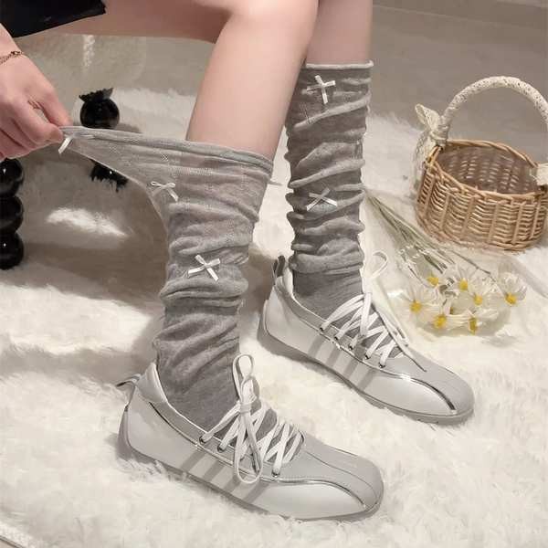 personal best ถุงเท้า ถุงเท้า ถุงเท้าน่องสีเทาสไตล์บัลเล่ต์ฝรั่งเศสแบบบางสำหรับฤดูร้อนถุงเท้ากองโบว์