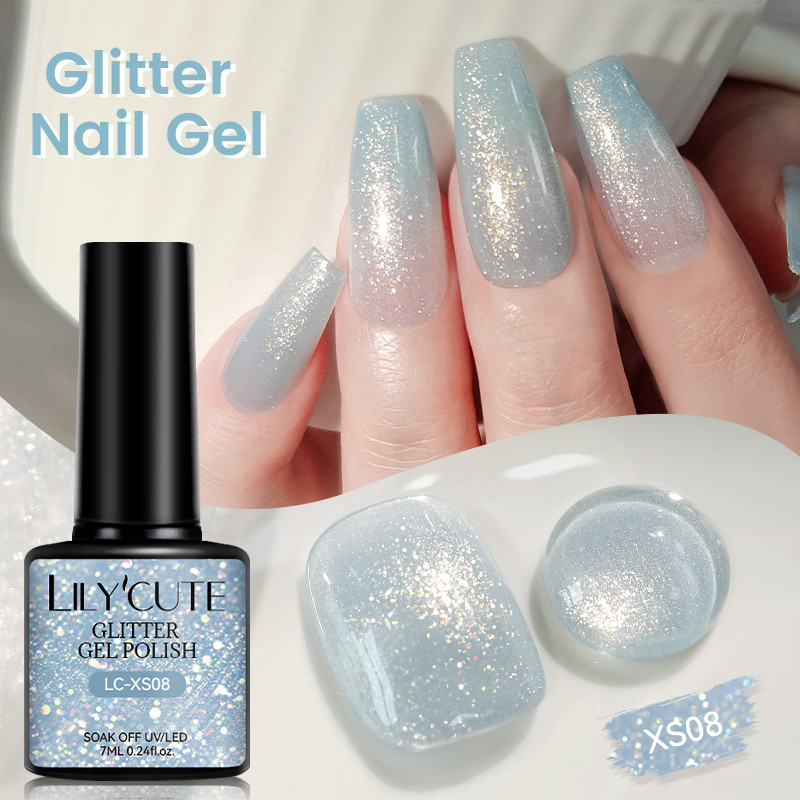 LILYCUTE ไข่มุกสีขาวสีน้ําเงินเจลโปแลนด์ฤดูร้อนแวววาวเลื่อมเจลโปแลนด์กึ่ง Permanant UV เจลเล็บเล็บเล็บ